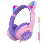 PowerLocus Cuffie per Bambini con Filo, Orecchie del Gatto con Luci a LED | USB-C Cable, Sicuro Limitazione del Volume 85/94dB, Pieghevoli, Cuffie per Bambina con Microfono per iPad/Viaggio/Tablet/PC