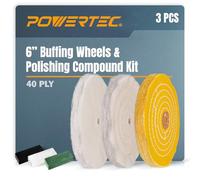 POWERTEC 71631 - Kit per smerigliatrice da banco da 15,8 cm con 3 pezzi composto per lucidatura, include barre nere, bianche, verdi e giallo trattato (40 strati), cotone bianco (40 veli)