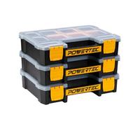 POWERTEC Organizer per piccole parti e cassetta degli attrezzi, 10 scomparti, impilabile con divisori rimovibili, coperchio trasparente, design portatile, confezione da 3 (72117-P3)