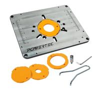 POWERTEC Piastra in alluminio per fresatrice con anelli riduttori, viti di livellamento e perno di avviamento, compatibile con Bosch, DeWalt, Makita e altre marche per la lavorazione del legno con