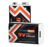 PowerTrust Confezione da 2 batterie ricaricabili da 9 V, batteria agli ioni di litio da 1300 mAh con porta di ricarica USB-C e cavo di ricarica 2 in 1 per rilevatori di fumo, multimetri, microfoni