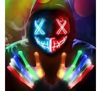 POWLYB Maschera Halloween LED Maschera Luce Fino Guanto Set, Maschera di Halloween 3 Modalità di Lampeggiamento, Multiple Glow Modes Maschera Horror, The Purge Masque Costumi Halloween Coppia