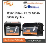 PowMr 12V 24V 100Ah 200Ah Batteria al litio ricaricabile LiFePO4 Grado A Cella 6000 cicli per camper solare all'aperto Magazzino UE