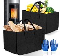 POWZOO 2 Pezzi Borsa In Feltro per Legna da Ardere,con Guanti,con Maniglia,Cesta per Legna Robusta e Multiuso,per Shopper,Portariviste da Terra,Giornale,Vestiti,Giocattoli.(46.5x27.5x27.5cm,Nero)