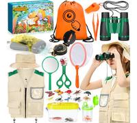POWZOO 21 Pezzi Set da Esploratore per Bambini,Sviluppo Creativo,Motorio | con Gilet,Binocolo,Lupa,Rete,Torcia,Per 3+ anni,per Natura,Avventure,feste