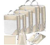 POWZOO 8 Pezzi Organizer Valigia Set,Packing Cubes Organizer Viaggio Salvaspazio,Organizer Viaggiof,per Vestiti,Scarpe,Cosmetici Deposito,Set di Organizer per Valigie.(Beige)