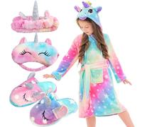 POWZOO Accappatoio Bambini,Morbido Unicorno Vestaglie con Cappuccio per Bambine con Unicorno Pantofole,Benda e Fascia.comodo,morbido.Un regalo caldo per ragazze con altezza compresa tra 100 e 130 cm.