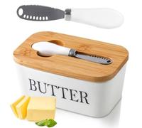 POWZOO Burriera in Ceramica 250g,Bianco-con Coperchio in Legno-Coltello da Burro-guarnizione in Silicone-Contenitore per Burro-Si adatta perfettamente al frigorifero-lavabile in lavastoviglie.