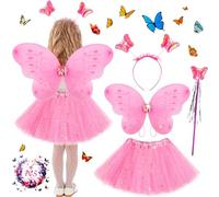 POWZOO Costume da Farfalla per Bambina,4 pezzi,con Gonna in Tulle, Ali di Farfalla, Bacchetta e Cerchietto,Costume da fata delle farfalle,per Bambina Carnevale Halloween Festa Cosplay.(3 a 8 anni)