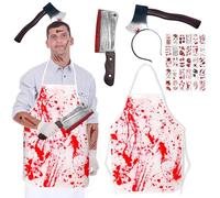 POWZOO Costume da Macellaio per Halloween,Grembiule Insanguinato,Coltello,Coltello in Testa, 30 Tatuaggi,per Carnevale, Cosplay, Mascherata,Rollenspiele da Donna/Uomo