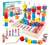 POWZOO Montessori Giocattoli,3-in-1 Giocattoli con Perline in Legno,Infilare Giocattolo,Impilabili und Ordinamento Giocattolo,con Carte e Scatola portaoggetti.per Bebè Bambini 3 4 5 Anni.