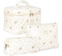 POWZOO Set 3 Pochette Trucco,Cotone Fiori Peach Tenui | Beauty Case Viaggio,Tinte Morbide,Romantiche,Design Carino per Ragazze,Ottimo Regalo per Natale,Compleanno o Ripartenza