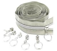 Poyuad 5# 2 Metri 4 cursori Denti cursore Argento Oro Bobina di Nylon di Grandi Dimensioni, Adatta per Tessili per la casa Accessori per Cucire Fai da Te,Argento Grigio Chiaro,200 cm