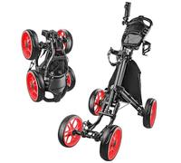 PP-Vic Carrello da Golf Pieghevole A 4 Ruote con Sedile, Carrello in Alluminio Leggero con Freno A Pedale, Portaombrello E Sedile Regolabili, Manubrio Regolabile in Altezza in 4 Posizioni,Rosso