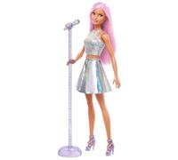 Barbie Carriere - Pop Star, bambola con top argentato e gonna irridescente, lunghi capelli rosa e scarpe viola, accessorio microfono incluso, giocattolo per bambini, 3+ anni, JCW42
