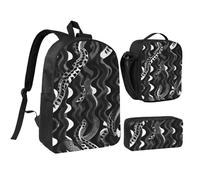 PPHGUT Borsa per la scuola con motivo a pelle di serpente nero e bianco, set per il pranzo, portapenne, per ragazzi e ragazze, attività all'aperto, shopping