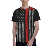 PPHGUT Firefighter Axe Red Line Flag Print Fashion T-Shirt Manica Corta Girocollo Morbido Elastico Sport Vacanze Abbigliamento quotidiano, Nero , L