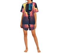 PPHGUT Pigiama a maniche corte da donna con stampa di note musicali e microfono Set da notte per yoga a casa, vacanze, loungewear 2 pezzi, Nero , 3XL Short