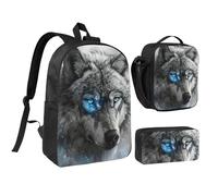 PPHGUT Set di borsa per la scuola con stampa di lupo con occhi azzurri, borsa per il pranzo, portapenne, per ragazzi e ragazze, attività