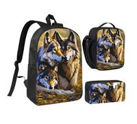 PPHGUT Set di borse per la scuola con stampa di lupi, portapranzo, portapenne, per ragazzi e ragazze, per attività all'aperto,