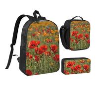 PPHGUT Set di zaino per la scuola con stampa di papaveri e portapranzo, per ragazzi e ragazze, per attività all'aperto, shopping