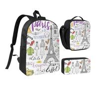 PPHGUT Set di zaino per la scuola con stampa Tour Eiffel di Parigi francese, borsa per il pranzo, portapenne, per ragazzi e ragazze, attività all'aperto, shopping