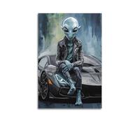 PPOXXFFE Poster decorativo da parete su tela, motivo: Alien in a Sports Car, stampa moderna per camera da letto, per camera da letto, 20 x 30 cm