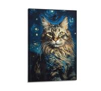 PPOXXFFE Poster decorativo da parete su tela, motivo: gatto di Van Gogh, notte stellata, poster decorativo su tela, poster decorativo per camera da letto, per camera da letto (60 x 90 cm)