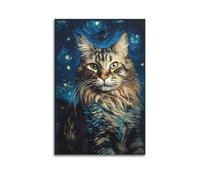 PPOXXFFE Poster decorativo da parete su tela, motivo: gatto di Van Gogh, notte stellata, poster decorativo per camera da letto, poster decorativo per camera da letto, 50 x 75 cm