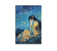 PPOXXFFE Poster decorativo da parete su tela, motivo: ragazza con kimono sotto il cielo stellato, poster decorativo moderno per camera da letto, per camera da letto (60 x 90 cm)