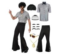 PQCXXA Set costume da discoteca da uomo anni '70, camicia con paillettes dorate e pantaloni svasati neri, collana con dollaro, occhiali da sole, parrucca afro e baffi, outfit retrò anni '70, da uomo