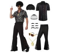 PQCXXA Set costume da discoteca da uomo anni '70, camicia con paillettes dorate e pantaloni svasati neri, collana con dollaro, occhiali da sole, parrucca afro e baffi, vestito retrò anni '70 da uomo
