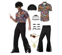 PQCXXA Set costume da discoteca da uomo anni '70, camicia con paillettes dorate e pantaloni svasati neri, collana con dollaro, occhiali da sole, parrucca afro e baffi, vestito retrò anni '70, per