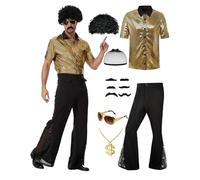PQCXXA Set da discoteca da uomo anni '70, camicia con paillettes dorate e pantaloni svasati neri, collana con dollaro, occhiali da sole, parrucca afro e baffi, outfit retrò anni '70, per travestimento