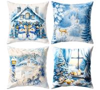PQETBV Federe per Cuscino Natale 4 Pack Cuscini Natalizi per Divano 45x45 CM Federe Cuscini per Divano Decorativi per Natale Decorazioni Casa(Blu)