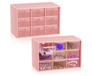 pQirnvIL 2 Stück Kleiner Schubladen-Organizer, 9 Schubladen, Werkzeugkasten, Mini-Schubladen-Organizer mit Durchsichtigen Schubladen, Schreibtisch-Aufbewahrungsbox (Rosa)
