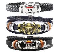 PQKL-party One Piece Braccialetti Merch 3 Pcs Bracciale avvolgente con occhio del diavolo con Accessori a Forma di Teschio e in Pelle Tressata bello Regalo Decorazione
