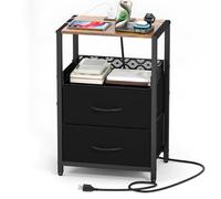 PQPQLI Night Stand with Charger Station, 24.2 Inch Tall Nightstand, End Table for Bedroom with Open Shelf & 2 Fabric Drawers, Wooden Top, for Bedroom, Dorm And Small Spaces(Nero)