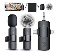 PQRQP Microfono lavalier professionale 3 in 1 per iPhone, Android, fotocamera, microfoni wireless, mini microfono, qualità audio cristallina per registrazione, streaming live, clip microfono