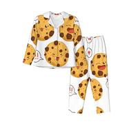 PQruop 3 biscotti con gocce di cioccolato con diverse espressioni stampa pigiama a due pezzi da donna, pigiama a maniche lunghe abbottonato con tasche, pigiama casual., Nero , S