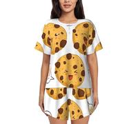 PQruop 3 biscotti con gocce di cioccolato con diverse espressioni stampa pigiama da donna in due pezzi, pigiama estivo a maniche corte girocollo, abbigliamento casual per la casa, Nero , S