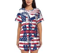 PQruop Bandiera nazionale americana con stampa aquila pigiama da donna in due pezzi,Pigiama estivo a maniche corte con scollo rotondo,Abbigliamento casual per la casa, Nero , S