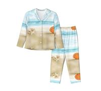 PQruop Bella spiaggia con conchiglie stampa pigiama a due pezzi da donna, pigiama a maniche lunghe abbottonato con tasche, pigiama casual., Nero , L