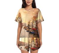 PQruop Bella Venezia Canal View Stampa Due Pezzi Pigiama Donna,Estate Manica Corta Girocollo Pajamas,Casual Home Clothes, Nero , 3XL