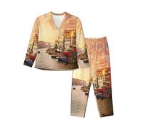 PQruop Bellissimo pigiama a due pezzi da donna con stampa sul canale di Venezia, pigiama a maniche lunghe abbottonato con tasche, pigiama casual., Nero , S