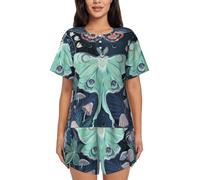 PQruop Bellissimo pigiama da donna in due pezzi con stampa falena,Pigiama estivo a maniche corte con scollo rotondo,Abbigliamento casual per la casa, Nero , 3XL