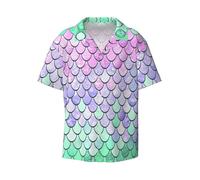 PQruop Camicia a maniche corte da uomo con stampa a squame di sirena, camicia alla moda con colletto cubano abbottonata per estate, spiaggia., Nero , 3XL