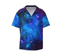 PQruop Camicia a maniche corte da uomo con stampa galassia, camicia alla moda con colletto cubano abbottonata per estate, spiaggia., Nero , 4XL