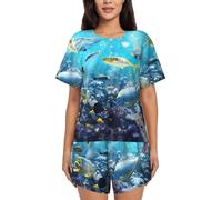 PQruop Colorato 3d Natura Scenic Of Sea Underwater Of Tropical Pesci Stampa Due Pezzi Pigiama Donna,Estate Manica Corta Girocollo Pigiama, Nero , 3XL