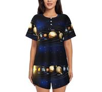PQruop Esplorare il pigiama da donna in due pezzi con stampa del sistema solare,Pigiama estivo a maniche corte con scollo rotondo,Abbigliamento casual per la casa, Nero , XL
